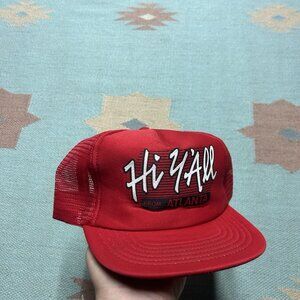 Vintage 80s trucker hat mesh cap Hi Y’all from Atlanta Georgia red USA made snap